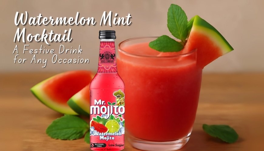 Fresh watermelon mint mocktail in glass with watermelon slices and mint leaves, featuring Mr. Mojito watermelon flavor bottle